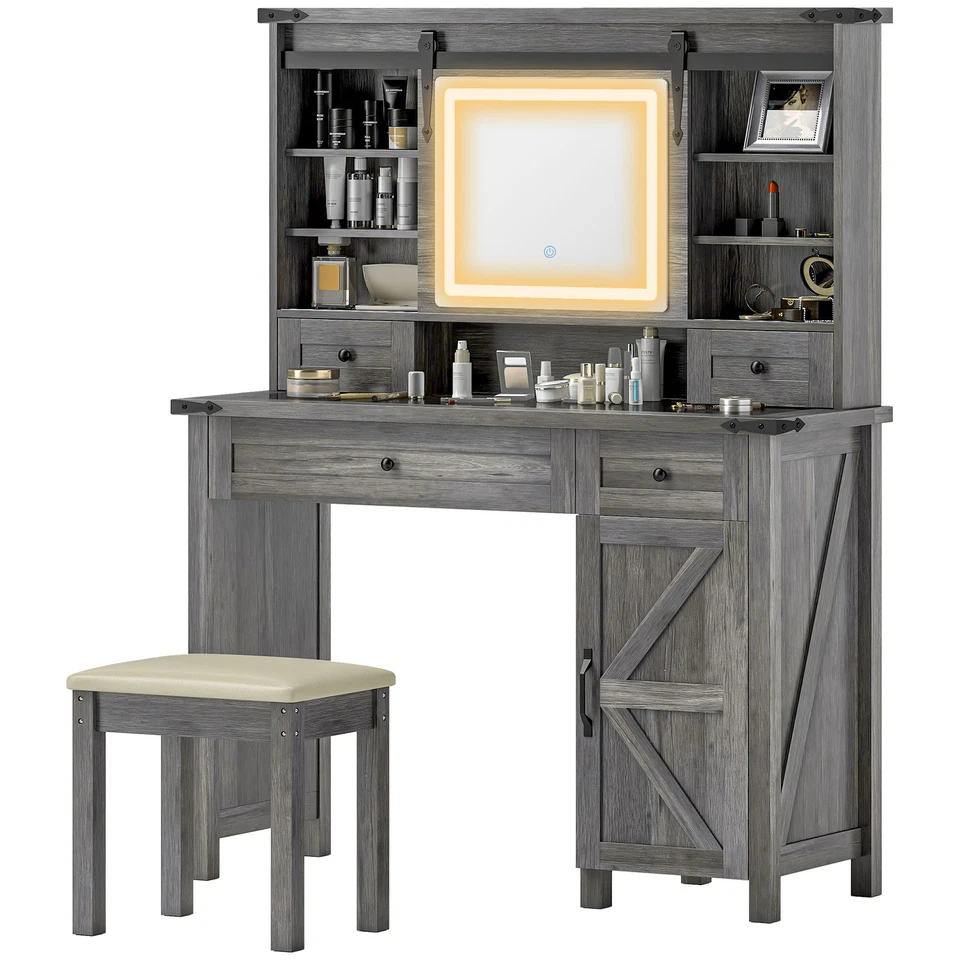 Vanity Desk Set, Makeup Vanity Table with Mirror and Lights, Gray - Imagem 4 de 4