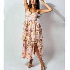 House Of Harlow 1960 Corset Tiered Floral Midi Dress Wisteria Peach Linen Large