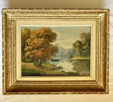 Riverside French Countryside oil on canvas painting by W.Grizeley