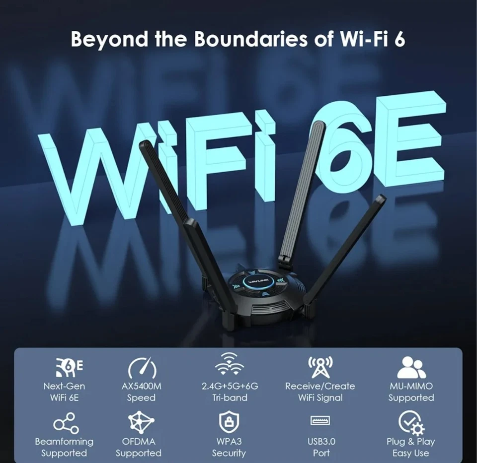 WAVLINK WiFi6E Tri-band AX5400 USB3.0 WiFi Adapter 4 High Gain 5dBi Antennas - Image 3 of 4