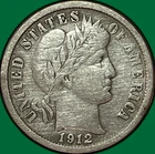 1912 Barber Dime Very Fine VF Coin, Cleaning #33923