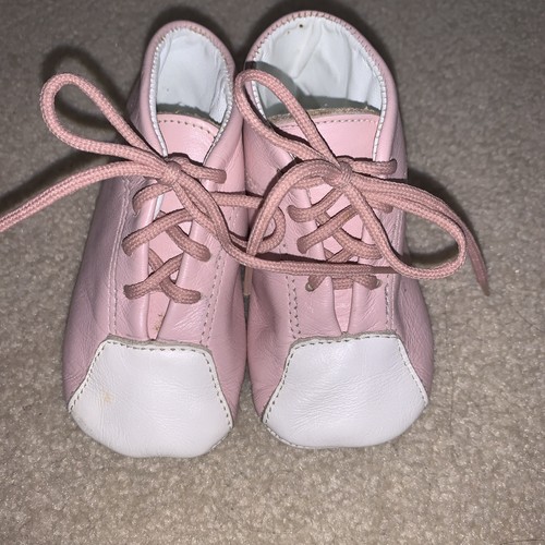 Vintage Baby Deer Pink Leather Crib Shoes Size 2 With Laces Beautiful!