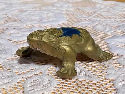 VTG Lenwile Ardalt Artware Bronze Frog Pincushion Blue Velvet Backing 2.5''x2.5''