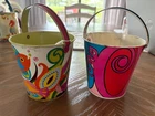 1-VTG OHIO ART SAND BUCKET TIN GROOVYPRINT 8"×7", AND 1- VTG PAISLEY/FISH
