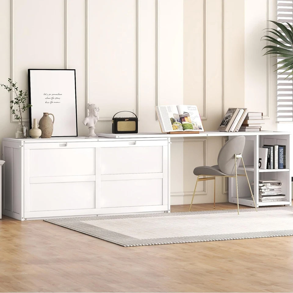 Queen Size Murphy Bed with Rotable Desk & Open Shelves, Space-Saving Murphy Bed - Image 2 of 4