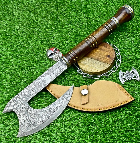 Handcrafted Damascus Steel Camping Axe, Viking Chopper Axe, Leather Sheath - 92