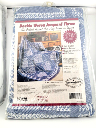 1995 American Weavers Double Woven Jacquard Throw blanket "Country Hearts blue"