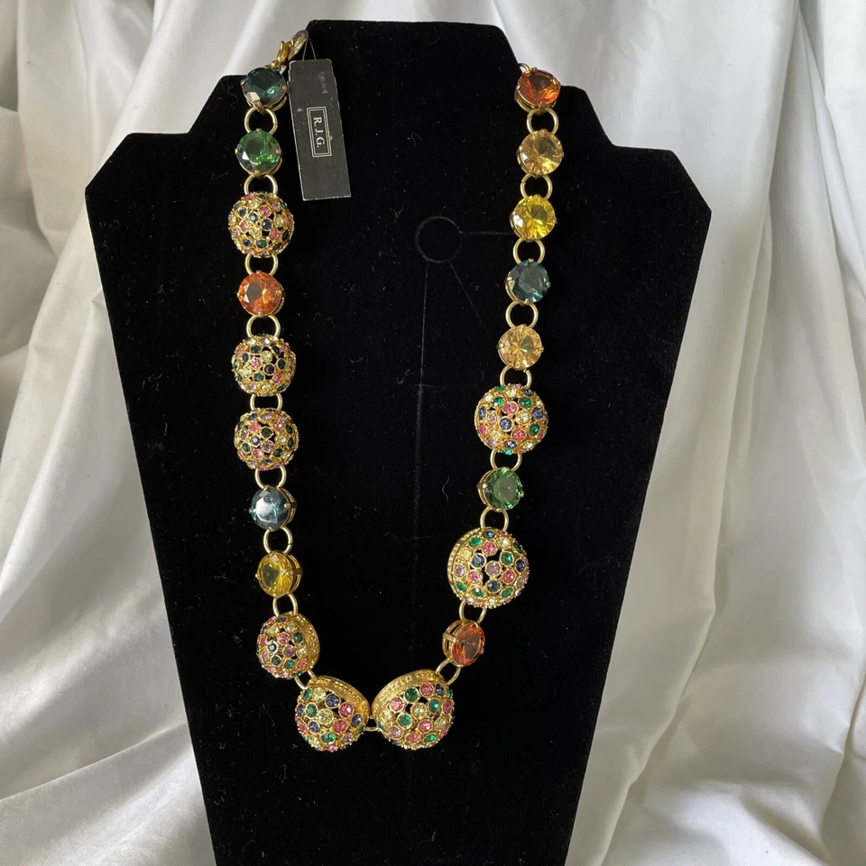 R.J. Graziano Statement Necklace Multi Crystal Rhinestone Gold Tone Huge Stones