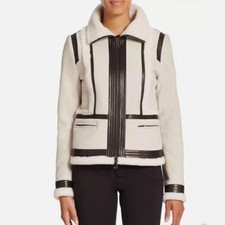 $1,995 New Vince White Leather Trimmed Shearling Jacket Size Xs