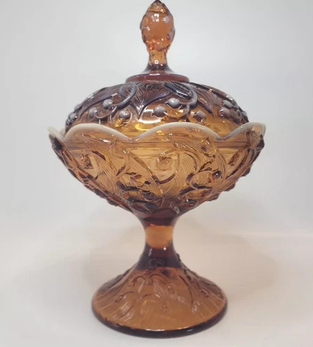 Vtg Fenton Pedestal Candy Dish Rootbeer Opalescent Lily of the Valley 9" READ
