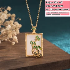 Jade Crystal Pendant Necklace Panda Bamboo Charm 18K Gold Plated Dainty Gemstone