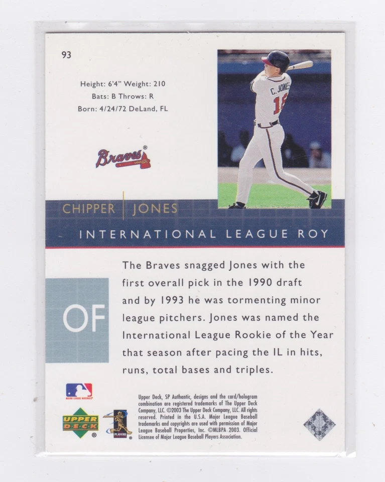 2003 - Upper Deck - SP Authentic - #'d /2500 - Chipper Jones - #93 - Image 2 of 2