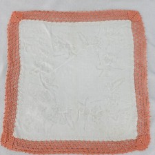 Vtg Handkerchief 14" Sq White Peach Crochet Edge Sheer Hankie Ballet Dancers