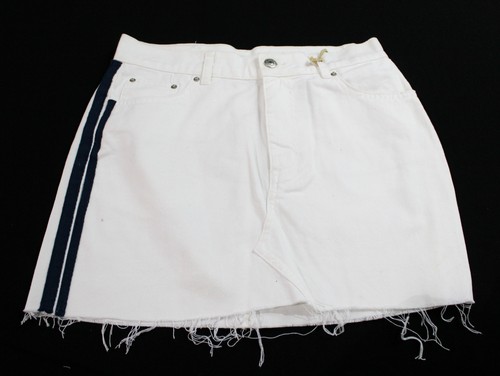 Pull & Bear Women's Denim Stripe Pocketed Frayed Hem Mini Skirt BL1 White Medium