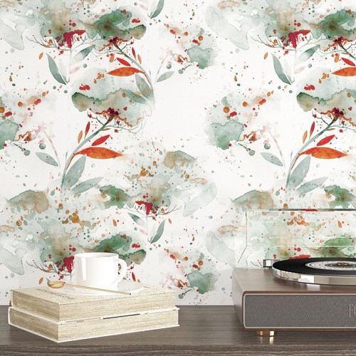 White Green Chinoiserie Floral Wallpaper Peel and Stick Red Ink Splash Wallpa... - Picture 7 of 8