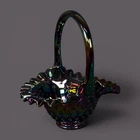 Fenton Iridescent Purple Footed Handle Basket, Ruffled Edge, Diamond Pattern 8"