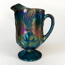 Indiana Glass Iridescent Blue Carnival Glass Pitcher Harvest Grape Vintage 70s