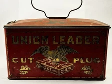 Antique Union Leader Cut Plug EMPTY Tobacco Tin For Smoking & Chew Box W/ Handle