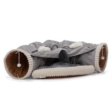 Cat Tunnel Bed w/ Hanging Toys  Cushion, Indoor Hideaway Cave, Washable Gray