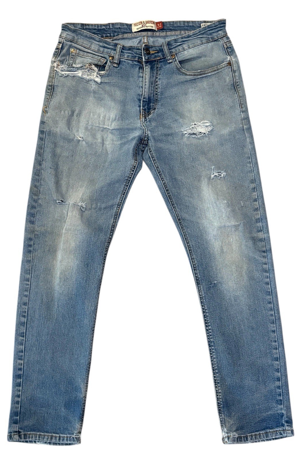 Hudson & Barrow Jeans Mens 32x30 Blue Slim Stretch Denim Highly Distressed