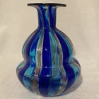 Murano Vintage Small Glass Vase Blue Clear and Gold Stripes 3.25" Tall