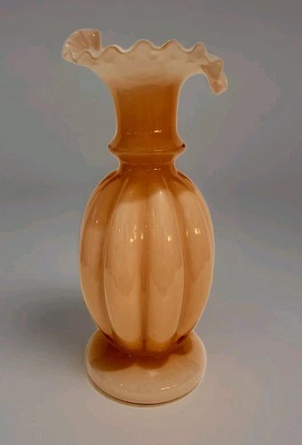 Vintage Fenton Art Glass Peach Overlay Melon Vase Ruffle 8" Excellent 1940s