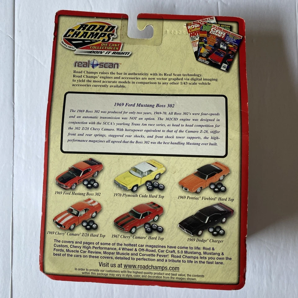 ROAD CHAMPS 1969 FORD MUSTANG BOSS 302 RED REAL SCAN TIRES 1/43 O Scale - Image 2 of 4