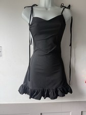Image of Black Bodycon Mini Dress Tie Strap Frill Hem soft touch Size M 10-12