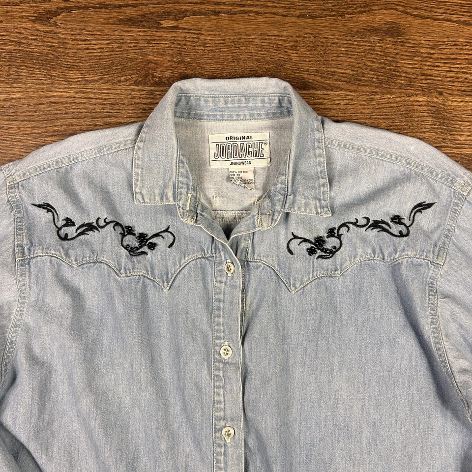 Camisa masculina vintage Jordache jeans média bordada ocidental anos 90 - Imagem 3 de 4