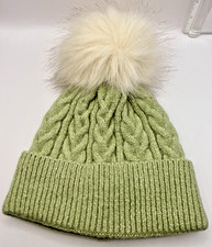 Women s Sage Green Cable Knit Beanie Hat Faux Fur Pom Pom Warm Cuffed Chunky