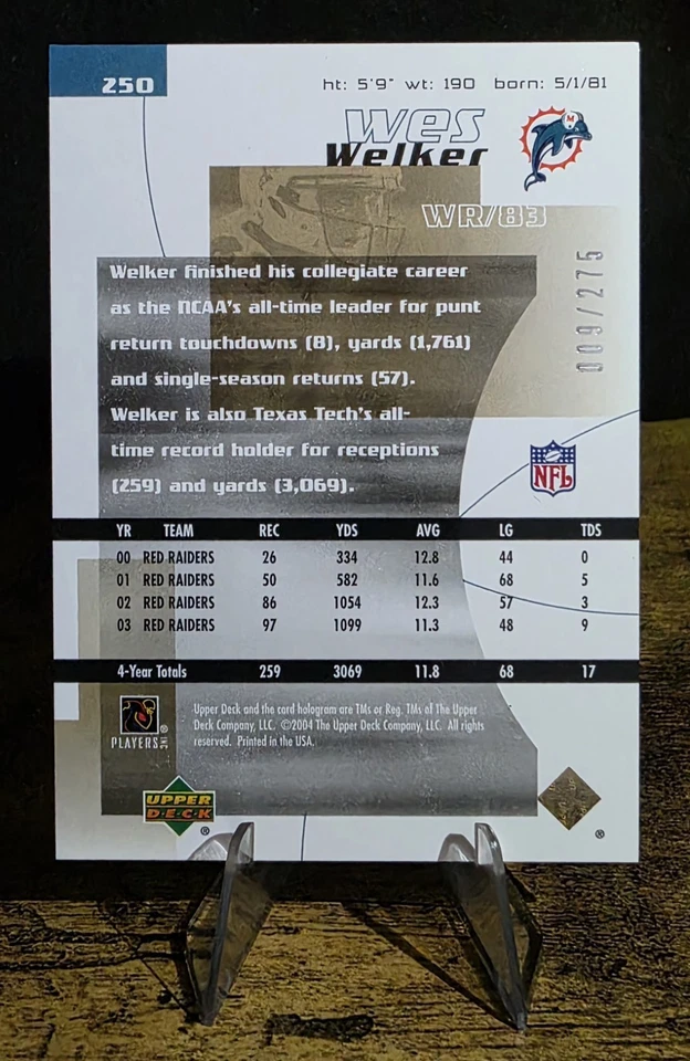 🏈Rare🏈 2004 Upper Deck Finite HG Futures /275 Wes Welker #250 Rookie Patriots - Image 2 of 3