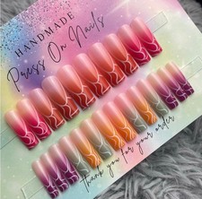 Extra long square press on nails ombré French tips red orange purple nude