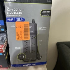 Commercial Electric 8-Outlet Surge Protector 12ft | Braided Cord w/ USB & USB-C