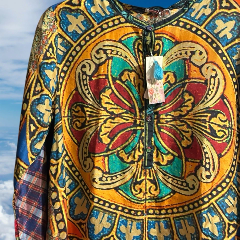Johnny Was Oversized 100% Silk Patchwork Blouse Tunic Top Women’s XS NEW - Image 4 of 4