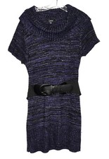 Elementz Purple & Silver Metallic Speckles Cowl Neck Belted Sweater Dress Size M