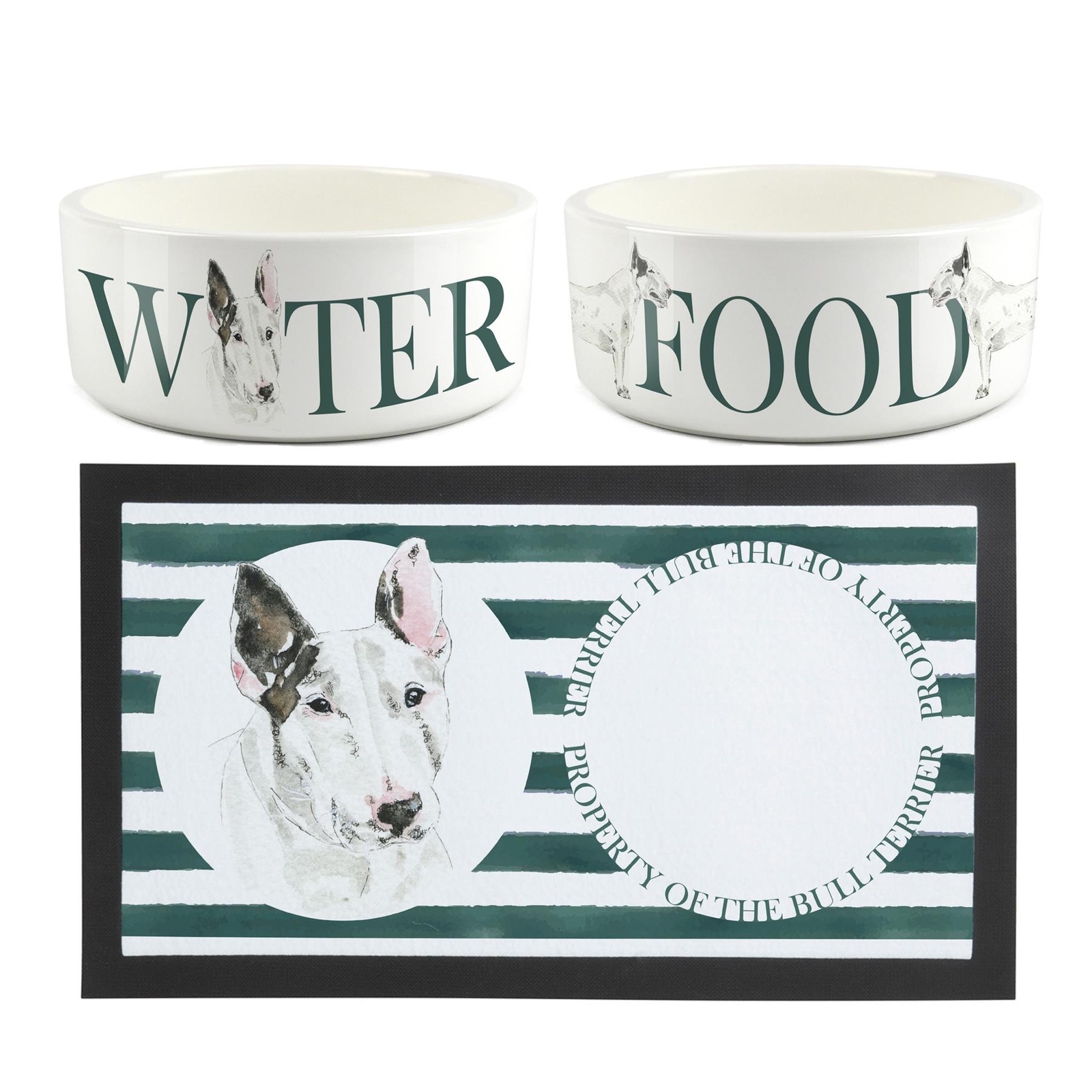 Bull Terrier Dog Bowls & Mat Set - Large White Ceramic Food & Water Dish Gifts