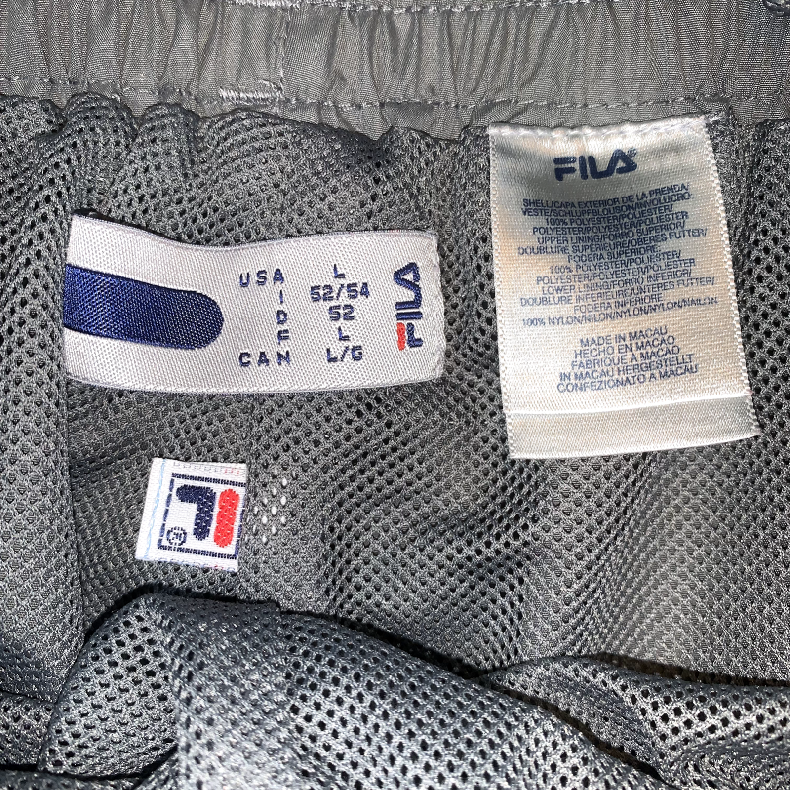 Pantaloni frangivento vintage Fila da uomo grigio L tasca cargo anni '90 streetwear foderato Y2K