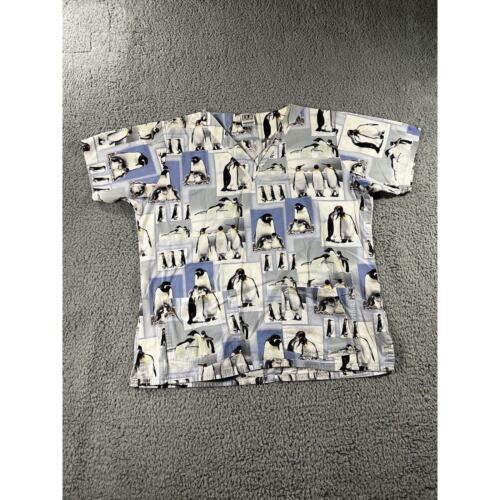 UA Scrubs Top Women Medium Penguin Print Short Sleeve V Neck Shirt