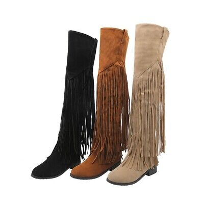 Fashion Womens Fringe Knee-high Boots Tassel Boho Long Boots Round Toe ...