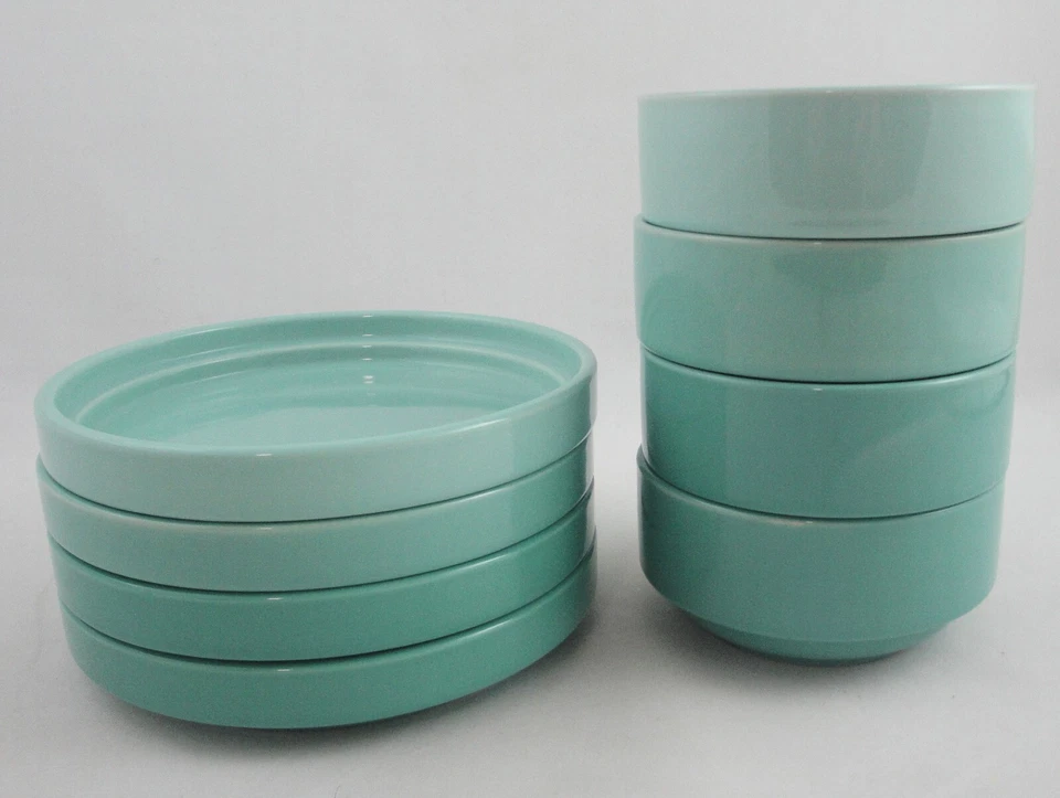 Tabletops Gallery 8pc Ceramic Set Aqua Green 6" Canape Plates & 4" Tidbit Bowls - Image 2 of 4