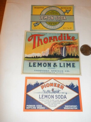 ~3~ LEMON SODA BOTTLE LABELS ORIGINAL QUALITY WORKS THORNDIKE PIONEER PAPER POP