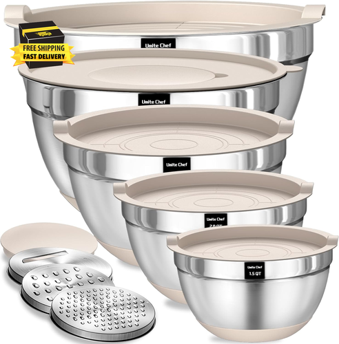 Mixing Bowls with Airtight Lids Set, 8PCS Stainless Steel Khaki Nesting Bowls wi