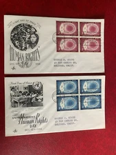 UN NEW YORK 1956 FDC x 2 OFFICIAL ARTCRAFT HUMAN RIGHTS DAY GLOBE BLOCK OF 4