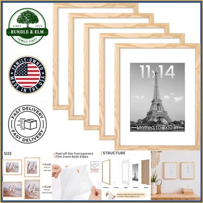 11x14 Picture Frame Set of 5, Natural Wall Mount Photo Frames for Home Decor