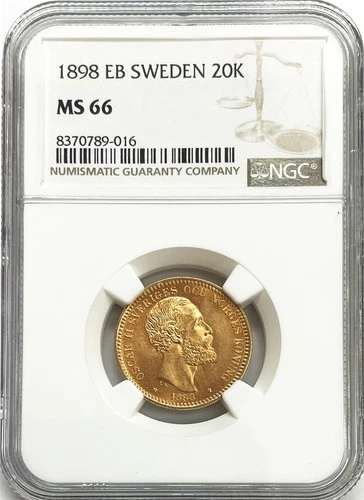 1898 EB GOLD SWEDEN 20 KRONOR OSCAR II COIN NGC MINT STATE 66