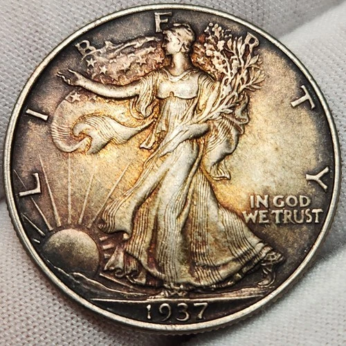 1937 P Walking Liberty Half Dollar, 90% Silver,  AU Interesting Toning, WL-3730p