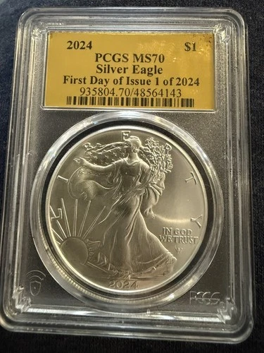 2024 $1 Silver Eagle First Day of Issue PCGS MS70 Gold Foil Label Mint Spotless!