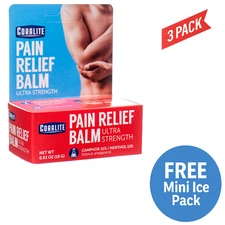 3 Packs Of Coralite Pain Relief Balm Ultra Strength 0.63 OZ (18 G) + mini ice pk