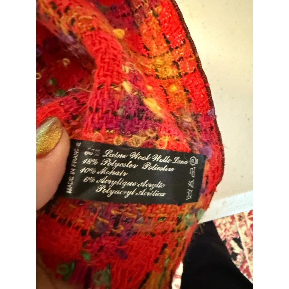 Made in France Wool Mohair Blend Plaid Scarf Red Purple Multicolor Fringe Trim - Image 2 of 4