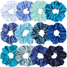 12 Pcs Satin Silk Hair Scrunchies, Assorted Blue, 4.5 Inch Hair Ties for Women G